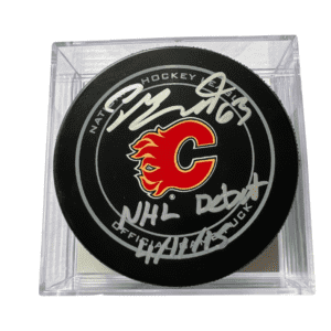 Sam Bennett signed Calgary Flames NHL Debut inscription on puck